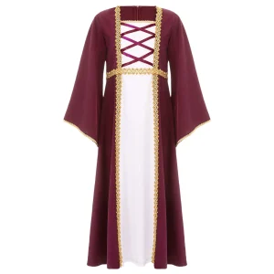 Robe princesse médiévale fille costume Halloween Renaissance robe longue style européen manches larges détails dorés 713 ans