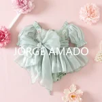 Robe princesse d&rsquo;été pour fille manches bouffantes nœud papillon paillettes brodées tulle robe de soirée Jorge Amado occasion spéciale fille 46 ans vert pastel