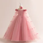 Robe de bal demoiselle d&rsquo;honneur mariage adolescentes robe longue fleurs style européen américain rose pâle tulle satin
