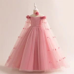 Robe de bal demoiselle d&rsquo;honneur mariage adolescentes robe longue fleurs style européen américain rose pâle tulle satin