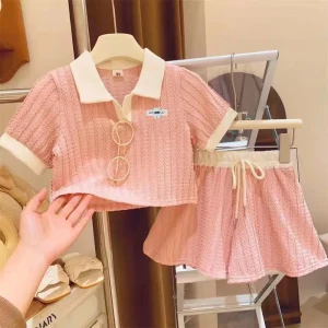 Ensemble vêtements bébé fille coton doux style casual top court  jupe Aline rose pâle 210 ans été