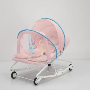 Berceau portable pour bébé 02 ans tissu respirant structure métal jouets suspendus design moderne rose et bleu clair
