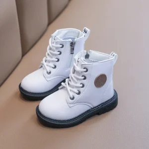 Bottes enfants mode moderne cuir PU blanc fermeture éclair lacets confortables antiglisse ville école cadeau