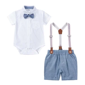 Ensemble Été Bébé Garçon Costume Anniversaire Fête Formelle Coton Doux Bow Tie Suspendeurs Taille Adaptée