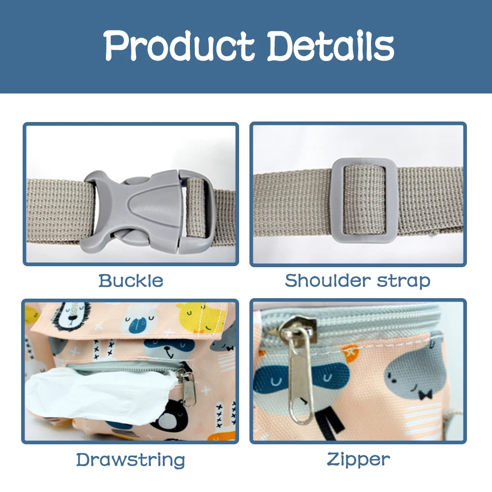 Sac de poussette grande capacité imperméable avec poches multiples et design animaux fixations pratiques pour rangements bébé