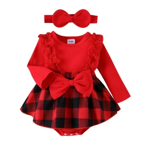 Robe de Noël pour nouveaunée fille combinaison manches longues jupette à carreaux dentelle headband assorti vêtement bébé fille hiver 03M Robe de Noël pour nouveaunée fille combinaison manches longues jupette à carreaux dentelle headband assorti vêtement bébé fille hiver 03M