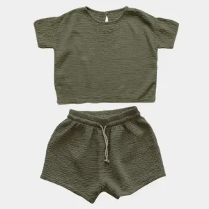 Ensemble chemise et short en mousseline pour enfants, mode décontractée, vêtements d&rsquo;été pour filles – Armygreen