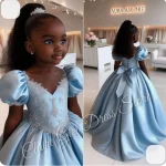 Robe demoiselle d&rsquo;honneur personnalisée mariage communion anniversaire enfant princesse bouffante tulle satin bleu ciel nœud