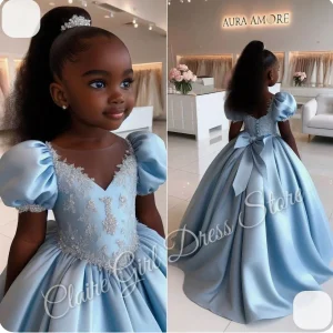 Robe demoiselle d&rsquo;honneur personnalisée mariage communion anniversaire enfant princesse bouffante tulle satin bleu ciel nœud