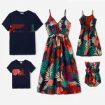Tenues assorties pour famille robes imprimées floral végétal économie manches courtes ensembles vêtements look familial été
