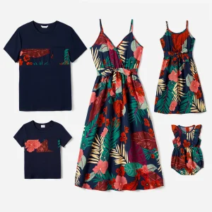 Tenues assorties pour famille robes imprimées floral végétal économie manches courtes ensembles vêtements look familial été Tenues assorties pour famille robes imprimées floral végétal économie manches courtes ensembles vêtements look familial été