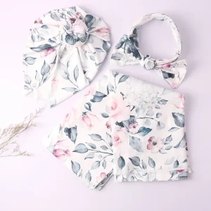 Ensemble 3 pièces Ylsteed pour nouveauné : turban lange headband floral doux en tissu léger idéal pour photo naissance bébé fille garçon Ensemble 3 pièces Ylsteed pour nouveauné : turban lange headband floral doux en tissu léger idéal pour photo naissance bébé fille garçon