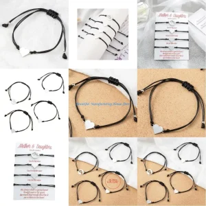 Bracelets assortis mèrefille en cordon noir et pendentif cœur blanc ajustables cadeau original pour maman et filles Bracelets assortis mèrefille en cordon noir et pendentif cœur blanc ajustables cadeau original pour maman et filles