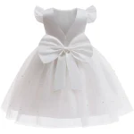 Robe de Fête pour Filles Cérémonie Mariage Baptême Première Communion Design Élégant Nœud Blanc Satin et Tulle