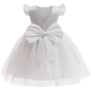 Robe de Fête pour Filles Cérémonie Mariage Baptême Première Communion Design Élégant Nœud Blanc Satin et Tulle Robe de Fête pour Filles Cérémonie Mariage Baptême Première Communion Design Élégant Nœud Blanc Satin et Tulle