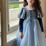 Robe princesse fille robe de cérémonie style occidental tulle sequins manches bouffantes ajustable occasion spéciale anniversaire fée pastel blue 46 ans