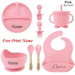 Ensemble d&rsquo;alimentation bébé personnalisé assiette en silicone bol tasse à paille vaisselle sans BPA cadeau nouveauné 8 pièces rose
