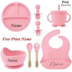 Ensemble d&rsquo;alimentation bébé personnalisé assiette en silicone bol tasse à paille vaisselle sans BPA cadeau nouveauné 8 pièces rose