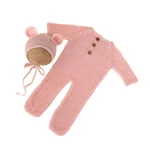 Ensemble bébé mohair teddy bear combinaison à boutons et bonnet oreilles accessoires photo naissance rose pastel