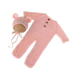 Ensemble bébé mohair teddy bear combinaison à boutons et bonnet oreilles accessoires photo naissance rose pastel