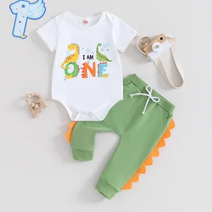 Tenue de premier anniversaire bébé garçon costume dinosaure drumstick body pantalon vert 1 an cadeau naissance style enfantin 100% coton Tenue de premier anniversaire bébé garçon costume dinosaure drumstick body pantalon vert 1 an cadeau naissance style enfantin 100% coton