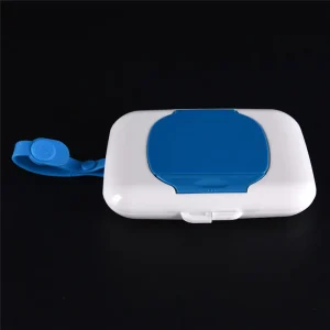 Boîte à lingettes de voyage bébé étui à lingettes portable distributeur de lingettes humides design moderne sangle intégrée couleur bleue