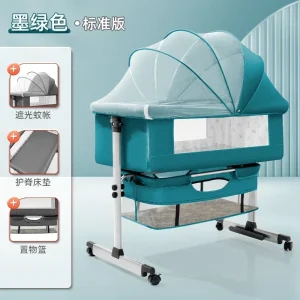 Berceau d&rsquo;épissure bébé 02 ans lit portable pour nouveauné berceau pliable avec roulettes filet ventilation auvent protection design moderne安全 coloris vert menthe et gris