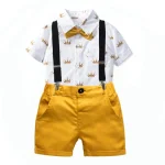 Ensemble vestimentaire pour garçon enfant costume complet chemise à manches courtes nœud papillon bandoulière short jaune tenue scolaire ou festive qualité premium coton respirant 25 ans