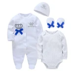 Honey Zone Ensemble bébé royal jumpsuit body bonnet et moufles coton motif couronne blanc bleu 012M idéal pour photo et quotidien
