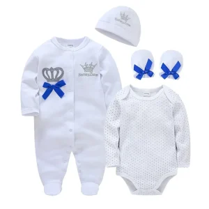 Honey Zone Ensemble bébé royal jumpsuit body bonnet et moufles coton motif couronne blanc bleu 012M idéal pour photo et quotidien Honey Zone Ensemble bébé royal jumpsuit body bonnet et moufles coton motif couronne blanc bleu 012M idéal pour photo et quotidien