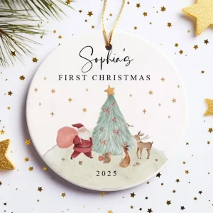 Boule de Noël personnalisée pour bébé souvenir de Noël cadeau de naissance ornement en céramique style traditionnel année gravée 710 cm