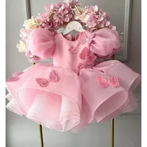Robe princesse rose 3D papillon robe demoiselle d&rsquo;honneur mariage enfant occasion spéciale
