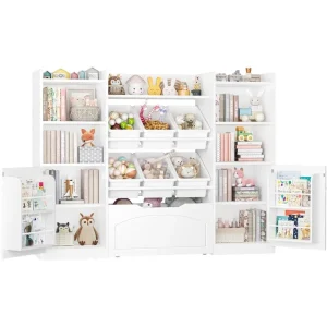 Organisateur de rangement 5 en 1 pour jouets et livres bibliothèque enfants avec tiroir mobile et étagères 55 pouces bois sécurité style moderne durabilité