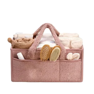 Organisateur de rangement bébé multifonctionnel soin et bain tissu doux pelucheux poignées pratiques style moderne rose pâle