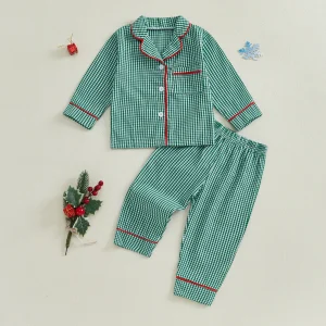 Ensemble pyjama 2 pièces filles bébé plaid vert manches longues confort doux coton tout âge