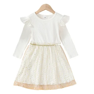 Robe princesse filles 34 ans manches longues tissu coton tulle doré volants occasions spéciales fêtes anniversaires style élégant confort qualité supérieure durable