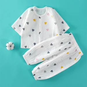 Ensemble de pyjama bébé garçon fille coton doux manches longues deux pièces gaufré motif cœur multicolore