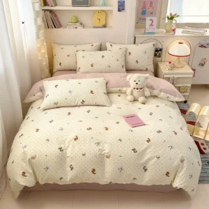 Parure de lit 4 pièces coton 100% design animaux mignons housse couette taies oreiller drap lit enfant bébé chambre