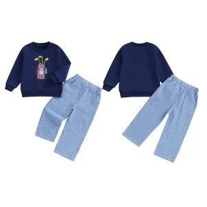 Tenue 2 pièces enfants 37 ans automne hiver sweatshirt manches longues brodé carreaux élastique pyjama confortable mode élégant