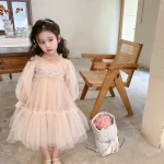 Robe princesse en gaze bouffante pour filles style occidental dentelle printempsautomne 46 ans rose pêche Koedse Sert Artisanat