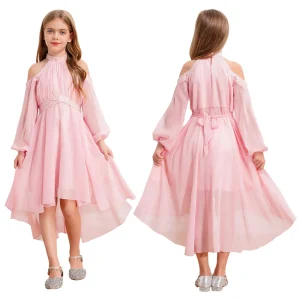Robe de fête pour filles en mousseline épaules nues style princesse mariage anniversaire rose pailleté