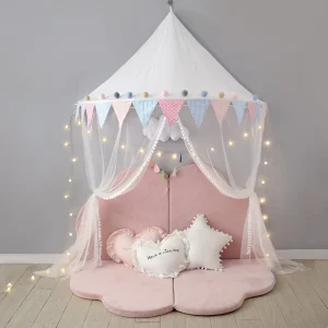 Tente de jeu nordique pour bébé tipi en tissu doux espace de détente et de jeu décoration intérieure et extérieure coussins inclus Rose et bleu Tente de jeu nordique pour bébé tipi en tissu doux espace de détente et de jeu décoration intérieure et extérieure coussins inclus Rose et bleu