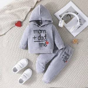 Ensemble vêtements bébé garçon automnehiver lettre I Love Papa pull capuche patchwork haut et pantalon 2 pièces 13 ans gris