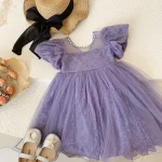 Robe de princesse en maille violette dentelle tulle manches bouffantes fêtes anniversaires filles 19 ans collection été