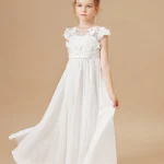 Robe demoiselle d&rsquo;honneur blanche en mousseline tulle pelucheux dentelle fête d&rsquo;anniversaire communion cadeau fille
