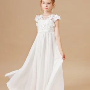 Robe demoiselle d&rsquo;honneur blanche en mousseline tulle pelucheux dentelle fête d&rsquo;anniversaire communion cadeau fille