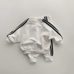 Ensemble vêtements bébé deux pièces combinaison sportive à bandes latérales pull coton décontracté style moderne élastique taille confort bébé Ensemble vêtements bébé deux pièces combinaison sportive à bandes latérales pull coton décontracté style moderne élastique taille confort bébé