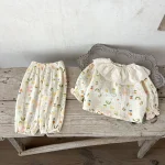 Ensemble pyjama bébé fille dentelle col volant motifs fleurs vêtements nuit confortables