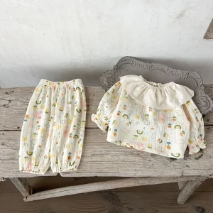 Ensemble pyjama bébé fille dentelle col volant motifs fleurs vêtements nuit confortables Ensemble pyjama bébé fille dentelle col volant motifs fleurs vêtements nuit confortables