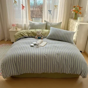 Parure de lit rayée INS nordique pour enfants drap housse 100% coton doux ensemble couette taie d&rsquo;oreiller accessoires inclus style moderne et confortable
